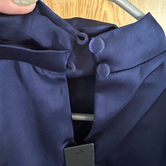 Lulus Navy Satin Asymmetrical Midi Dress - Picture 6 of 9